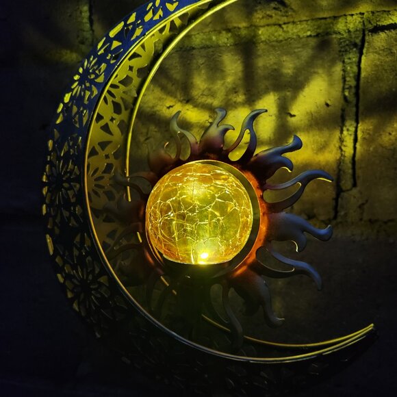 Whimsical Crescent  AMBER Sun Metal and Glass Solar Stake - Picture 4 of 4